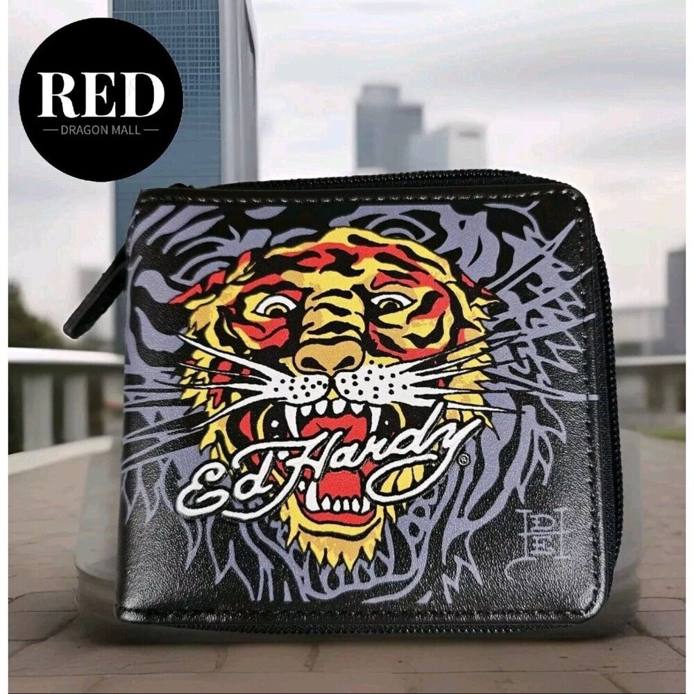 ED HARDY TIGER FULL ZIP AROUND BLACK BIFOLD WALLET